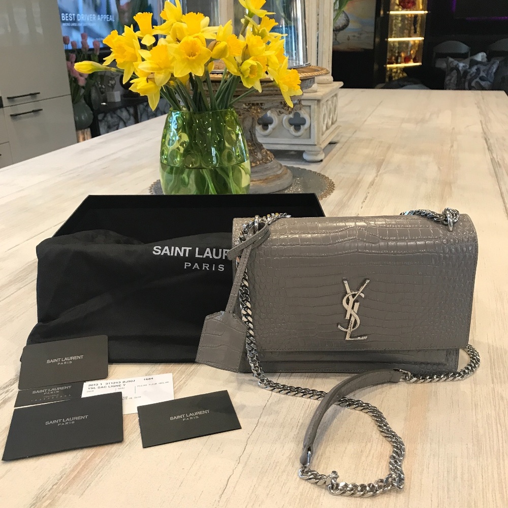 YSL Med Monogram Sunset Croc Embossed Leather Bag